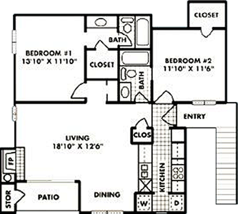 B1 - Two Bedroom / Two Bath - 941 Sq. Ft.*